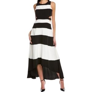GRACIA Cutout Maxi Dress Bold Stripe Hi-Low Hem B&W Sz Large Gown Mod Minimalist